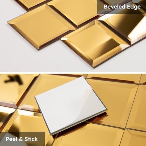 Diflart Peel and Stick Mirror Backsplash, Gold, 3x3 Inch, Beveled Mirror Square Kitchen Bar Wall Tile (2 Sq.ft, 32 Pcs) - Image 3