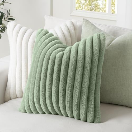 MIULEE Faux Fur Decorative Throw Pillow Covers 20x20 Set of 2 Sage Green - Image 3