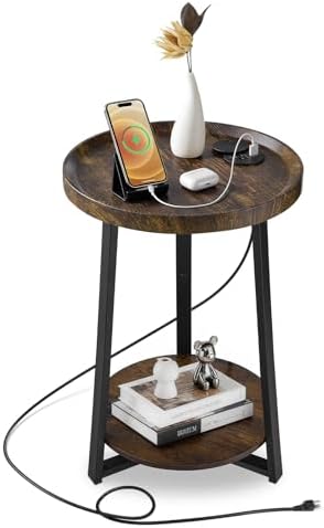 VEVOR Round Side Table with Charging Station, 15.7" Metal Round End Table with Storage Shelves, 4.9ft Power Cord, Modern Nightstand for Bedroom, Living Room, Office – Brown by VEVOR