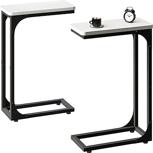 QEEIG Narrow C Shaped Side Table Set of 2 Living Room Sets Slim Couch Tray Tables Skinny Thin Small Modern 7 inch Width, White and Black (017-18WB) by QEEIG
