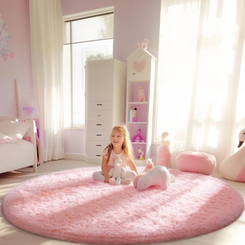 Ophanie Round Rugs 6Ft Pink Circle Area Rug,Fuzzy Bedroom Carpet,Large Shag Plush Floor Kawaii Christmas Living Room Rugs 6 Foot,Cute Room Decor for Kids Teen Girls Baby with Over 99 pcs Pile fibers - Image 5