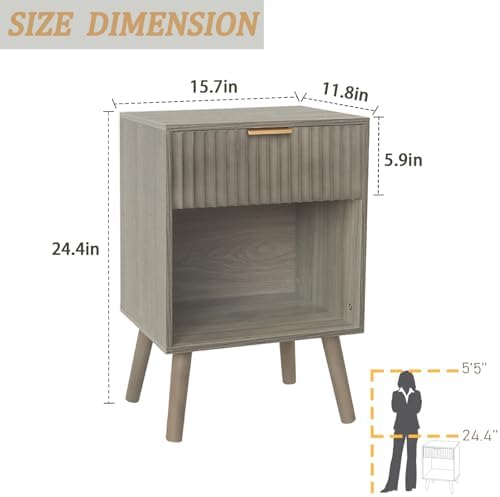 Fultyle Grey Fluted Nightstand, Modern Bedside Table with Drawer and Shelf - Image 2