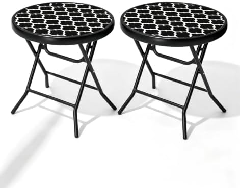 Foldable Side Table with Tempered Glass Top, 2 Pack Black & White by PATIOHIT