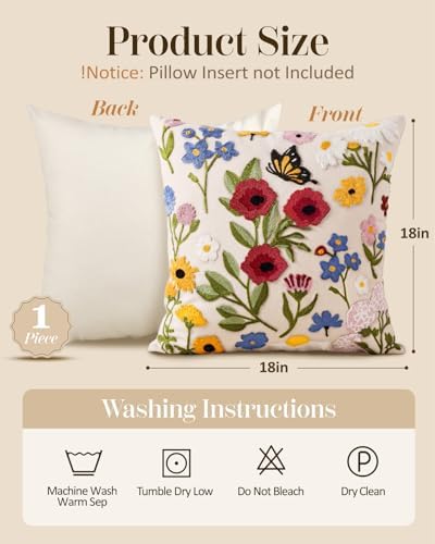 Embroidered Throw Pillow Cover 18x18 Inch, Retro Flower - Image 4