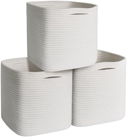 11x11x11 Cube Storage Bin - 3 Pack Woven Storage Cubes Organizer, 11 Inch White Cotton Rope Baskets for Organizing, Square Baskets for Shelves, Nursery Closet Bins, Cubby Toy Box Organizer by Unknown