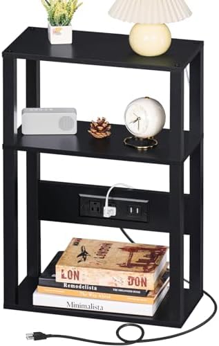 YUFAM 3-Tier Small Narrow Wood Side Table with Charging Station, Skinny Nightstand for Small Space, Slim Bedside Table with Storage for Couch, Thin End Table with USB Ports and Outlets, Black by YUFAM