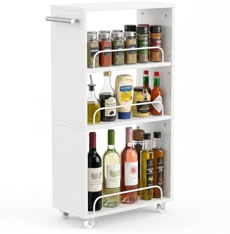 7.7'' Slim Rolling Storage Cart 4 Tier Wood Utility Cart Spice Rack Kitchen by FerniTry
