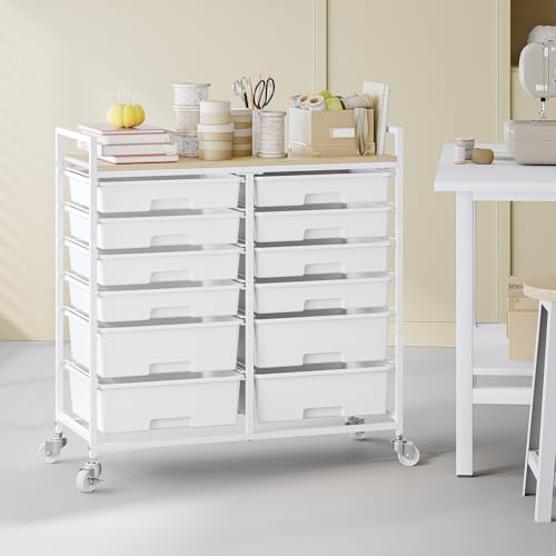 TOOLF 12 Drawers Rolling Storage Cart with Wooden Top for Classroom,White - Image 2