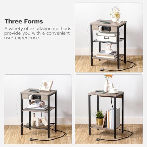 HOOBRO Side Tables Set of 2 with Charging Station and USB Port, Small End Tables for Small Space, 3-Tier Nightstands with Adjustable Shelf, for Living Room, Bedroom, Greige and Black BG112BZP201 - Image 6