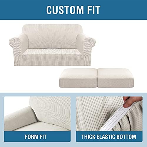 H.VERSAILTEX 3 Piece Stretch Sofa Covers for 2 Cushion Loveseat Couch Covers for Living Room Sofa Slipcovers (Base Cover Plus 2 Seat Cushion Covers) Thicker Jacquard Fabric(Medium Sofa, Ivory) - Image 6