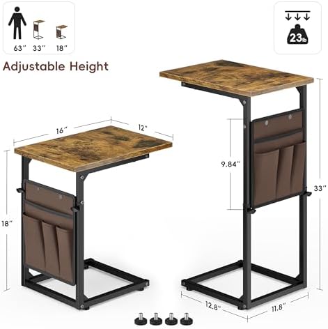 Vagusicc C-Shaped End Table, Small Side Table for Couch, Sofa Table Adjustable Height End Tables Living Room, Bedside Slide Under Couch Table for Sofa, TV Tray Table with Metal Frame for Bedroom,Brown - Image 3