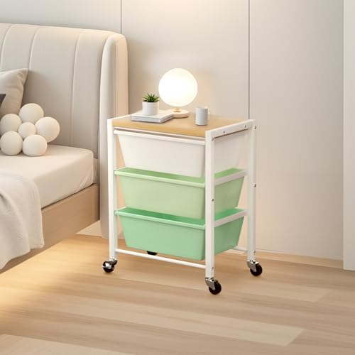 Rolling Cart with 3 Drawers, Plastic Drawer Storage Carts with Lockable Wheels & Wooden Tabletop, Metal Utility Cart Organizer, Office Bedroom Classroom Craft Organization and Storage, Bright Green - Image 2