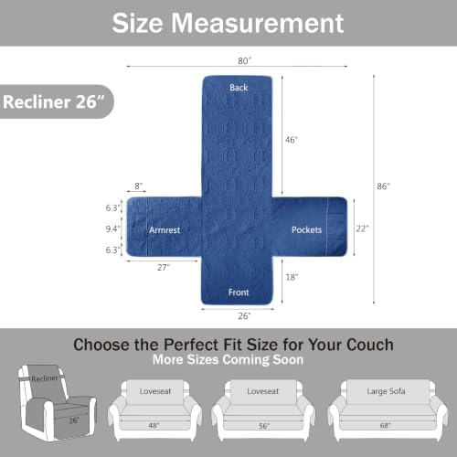 Blue Recliner TV Chair Covers, Quilted Décor Water-Repellent Medium Lazy Boy Chair Covers, Pet Friendly Recliner Slipovers for Dogs Cats, Washable Couch Cover (Recliner 26", Blue) - Image 6