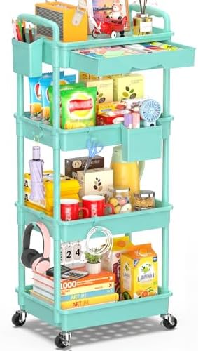 SUNALLY 4 Tier Rolling Cart with Drawer, Craft Storage Cart Organizer, Blue by SUNALLY