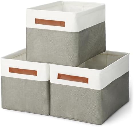 Amazon Basics Collapsible Storage Bins with Faux Leather Handles, Foldable Organizing Containers for Closet, Charcoal, Large, 3-Pack by AmazonBasics
