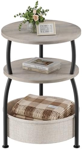Round Side Table with Storage Basket, End Table Living Room, Greige by designyourhome