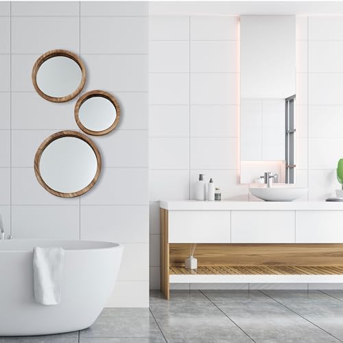 The Rustic Boho Chic Porthole Mirror Trio, Set of 3 - 10, 12 and 13 ¾-Inches Diameter, Glass and Sustainable Wood, By Whole House Worlds - Image 3