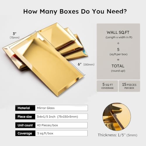 Diflart Peel and Stick Mirror Backsplash, Gold, 3x6 Inch, Beveled Mirror Subway Kitchen Bar Wall Tile (5 Sq.ft, 40 Pcs) - Image 3