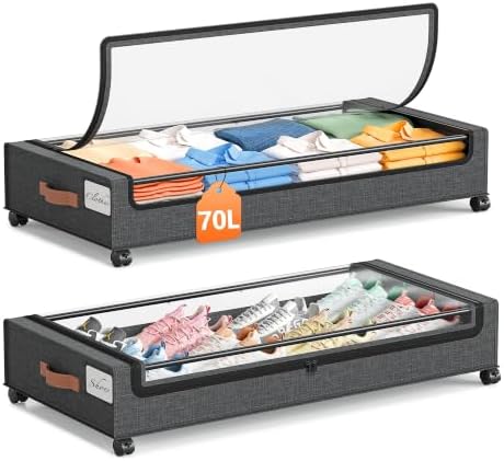Yecaye 70L Under Bed Storage with Wheels, 2Pack Larger Capacity Under Bed Storage Containers, Underbed Shoe Storage Organizer, Rolling Under Bed Metal Drawers for Shoes, Clothes, Hemp Grey by Yecaye