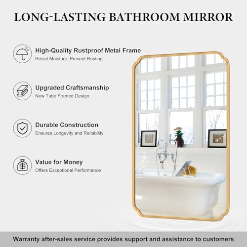 Ferytange 55X36 Inch Gold Metal Framed Bathroom Mirror for Wall, Large Rounded Rectangle Bathroom Vanity Mirror Farmhouse, Anti-Rust, Tempered Glass, Hangs Horizontally or Vertically - Image 6