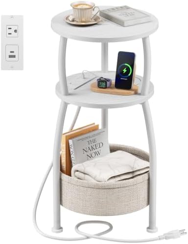 Side Table with Charging Station, Small Round End Table with Basket by designyourhome