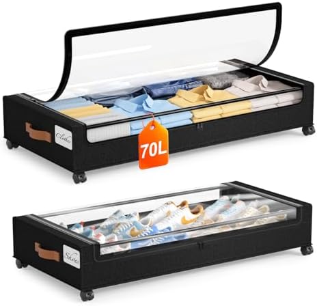 Yecaye Under Bed Storage with Wheels 2Pack, 70L Larger Capacity Under Bed Storage Containers, Underbed Shoe Storage Organizer, Rolling Under Bed Metal Drawers for Clothes, Blankets(35.5 x 17 x 6.7in) by Yecaye