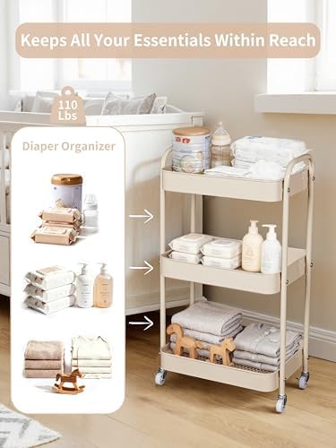Fortella Baby Diaper Caddy, 3 Tier Rolling Cart for Baby Essentials, Taupe - Image 3