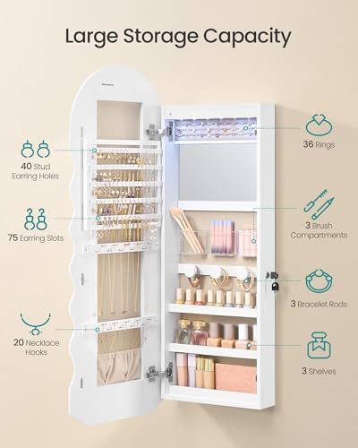 SONGMICS Wide Jewelry Organizer, Wall/Door Mounted, LED Cabinet, Lockable - Image 4