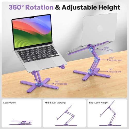 OMOTON LA10 360° Rotating Laptop Stand Riser Foldable for Desk, Purple - Image 2