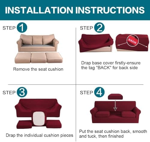 Turquoize 4 Piece Sofa Covers for 3 Cushion Couch Sofa Slipcover Soft Couch Cover for Dogs Washable Furniture Cover with 3 Individual Large Cushion Covers Feature Fabric (Large Sofa, Burgundy) - Image 6