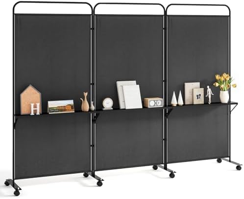 Giantex 3 Panel Room Divider with Wheels and Shelves, 103" W x 74" H Folding Privacy Screen, Rolling Partition Separator for Home Office Studio, Fabric Wall Divider for Room Separation (Black) by Giantex