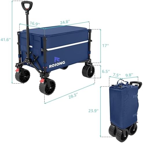 ROSONG Collapsible Wagon Cart with Wheels Foldable - Folding Utility Heavy Duty Wagons Carts for Grocery Sports Garden Shopping Camping Wheelbarrows (120L Dark Blue with Lid) - Image 4