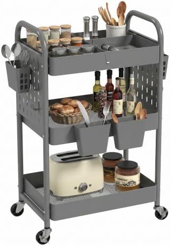 danpinera 3 Tier Rolling Cart with Retractable Dividers, Multi-Functional White Rolling Utility Cart with Pegboards, Hooks & Hanging Cups for Nursery, Living Room, Studio by danpinera