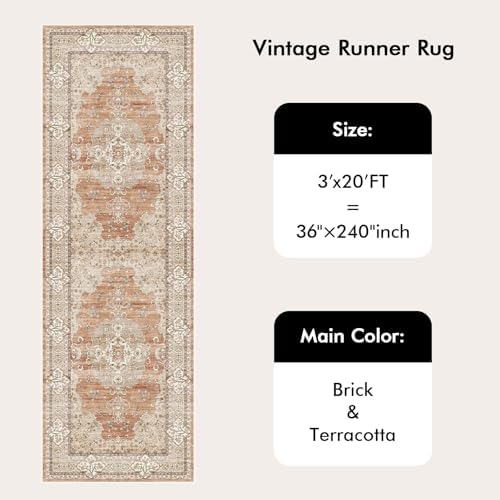 3x20 Washable Hallway Runner Rug - Non-Slip Vintage Rugs Terracotta Beige - Image 6