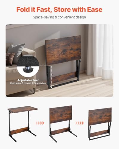 VEVOR C Table, Folding C Shaped End Table with Metal Frame & Adjustable Feet, Foldable C Shaped Side Table for Living Room Bedroom Office, 23.62 x 14.57 x 27.56 inch TV Tray, Brown and Black - Image 5
