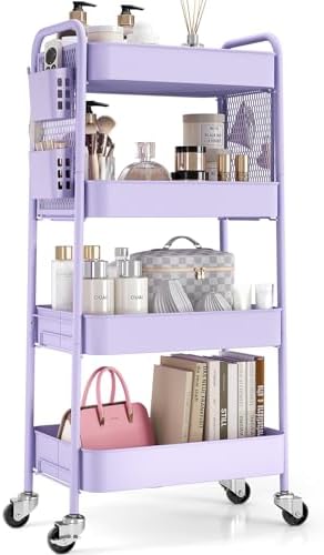 TOOLF 4 Tier Rolling Cart, Metal Utility Storage Cart with Pegboard, Purple | 2 Bins & 4 Hooks, Screwless Assembly, Lockable Wheels, Trolley Organizer for Bathroom, Kitchen, Office, Dorm, Craft Room by TOOLF