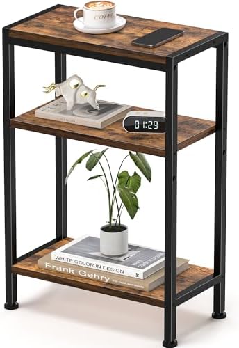 Narrow Side Table for Small Space, 3 Tier Slim End Table, Thin Nightstand, Skinny Snack Couch Table, Sofa Bedside Table in Living Room, Bedroom, Study, Kitchen and Balcony (Rustic Brown) by HOME
