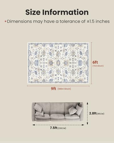 AMADA HOMEFURNISHING 6x9 Area Rugs, Blue Low-Profile Washable Rug with Non-Slip Backing & Durable Edge Binding, Vintage Rugs for Living Room, Bedroom, Dining Room - Image 2
