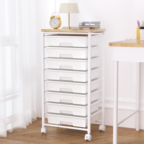 Rolling Cart with 8 Drawers, Storage Drawers Cart with Wooden Tabletop and Lockable Wheels, Craft Storage for Living Room, Office, Classroom, Craft Room, Bedroom by Unknown