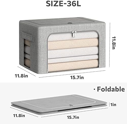 CYhom Clothes Storage Bins Box - Linen Fabric Foldable Stackable Container Organizer Set with Clear Window & Carry Handles & Metal Frame (Light Grey, Medium-36L) - Image 5
