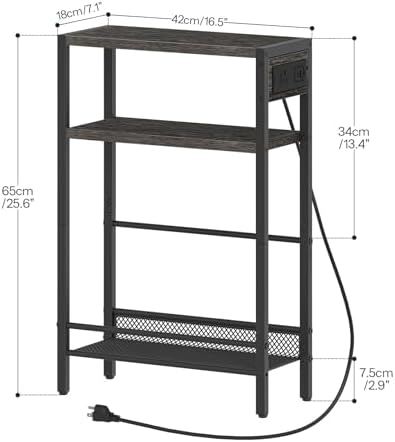 HOOBRO Small Narrow Side Table with Charging Station, Skinny End Table for Small Spaces, Slim Nightstand with USB Ports Outlet, Sofa Beside Table with Storage Shelf, Charcoal Black BC102UBZ01 - Image 3