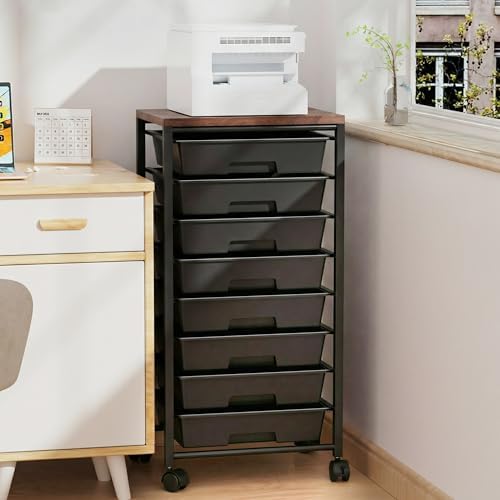 Rolling Cart with 8 Drawers, Storage Drawers Cart with Wooden Tabletop and Lockable Wheels, Craft Storage for Living Room, Office, Classroom, Craft Room, Bedroom (Black) - Image 6