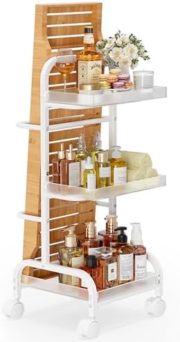 Bathroom Cart with Bathtub Tray Holder, Bathroom Organizers and Storage, Small Slim Shelf Organizer with Bath Tub Caddy Rack, 3 Tier Narrow Skinny Acrylic Rolling Cart for Laundry Room Living Room by VINAEMO