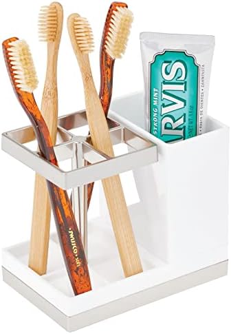 mDesign Plastic Toothbrush and Toothpaste Storage Organizer Holder - Home Decor for Bathroom Countertop - Holds Toiletries and Beauty Accessories - Lumiere Collection - White/Brushed - Image 3
