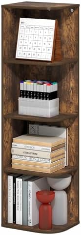 Furinno PASIR Book Shelf, 4-Tier Corner Bookshelf with Open Shelf, Standing Bookcase, 9.3 x 12 x 41.4, for Organization and Storage, for Living Room, Bedroom, Home Office, Amber Pine by Furinno-FitsYourSpaceFitsYourBudget