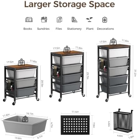 Rolling Cart with 5 Drawers, Plastic Drawer Storage Carts with Wheels & Wooden Tabletop, Metal Utility Cart with Pegboards, Office Living Room Classroom Craft Organization and Storage, Dark Grey - Image 3