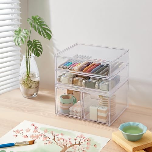 STORi Stackable Desk Organizer Drawers, Clear Pen Pencil Makeup Brush Holder for Desktops and Vanities, 4 Multi-size Drawers (Made in USA) - Image 3
