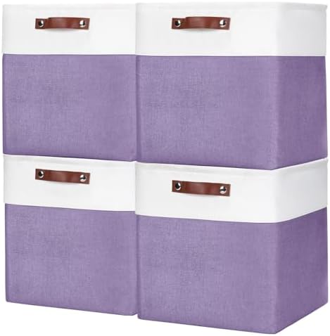 Bagnizer 13x13 Cube Storage Bins, Collapsible Fabric Storage Box, 4 Pack Closet Baskets with Handles for Organizing, Shelf, Toys, Clothes, Home, Office, Nursery (Purple&White) by Bagnizer
