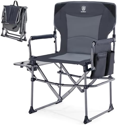 EVER ADVANCED Camping Directors' Chair with Side Table, Portable Folding Chair with Compact Size, Heavy Duty Lawn with Pocket for Camping, Lawn, Sports and Fishing, 400lbs, Grey by EVERADVANCED