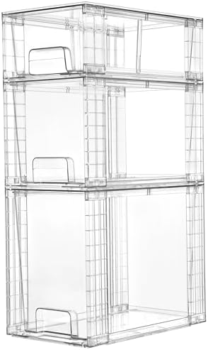 Vtopmart 3 Pack Clear Stackable Storage Drawers,Easy to Assemble Bathroom Organizers and Storage with handles,Plastic Drawers for Kitchen Pantry,Cabinet,Under Sink Organization by Vtopmart